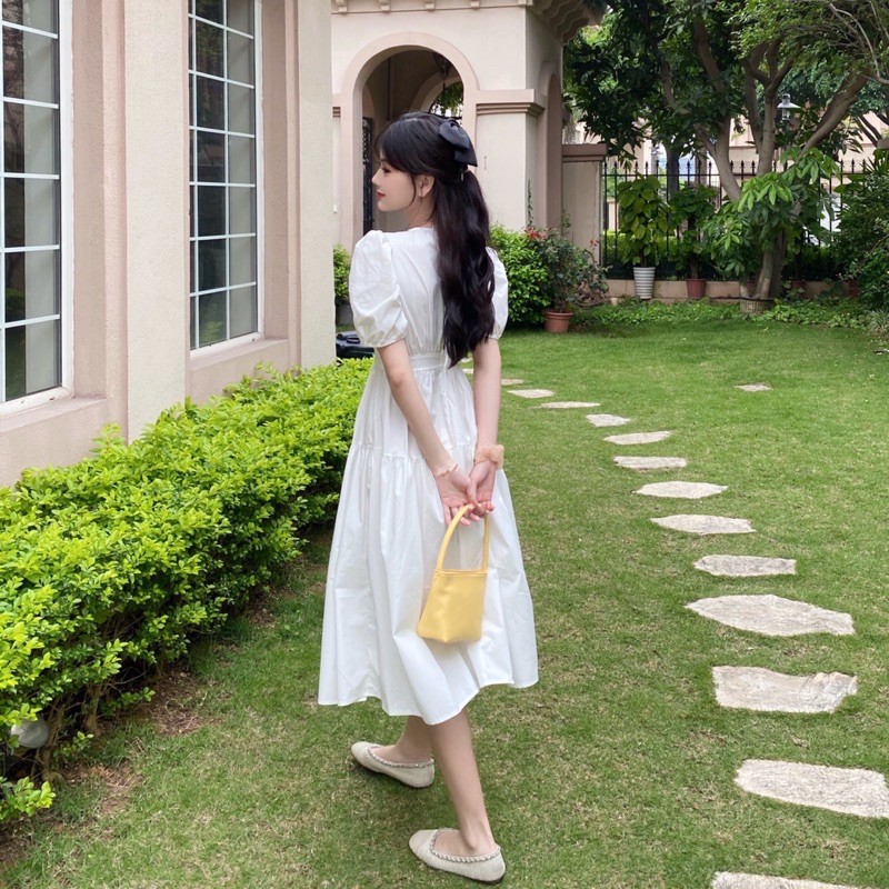 Váy trắng dài Đầm Trắng Đen Dài Tay Phồng Ôm Eo Phong Cách Hàn Quốc Thời Trang Thanh Lịch