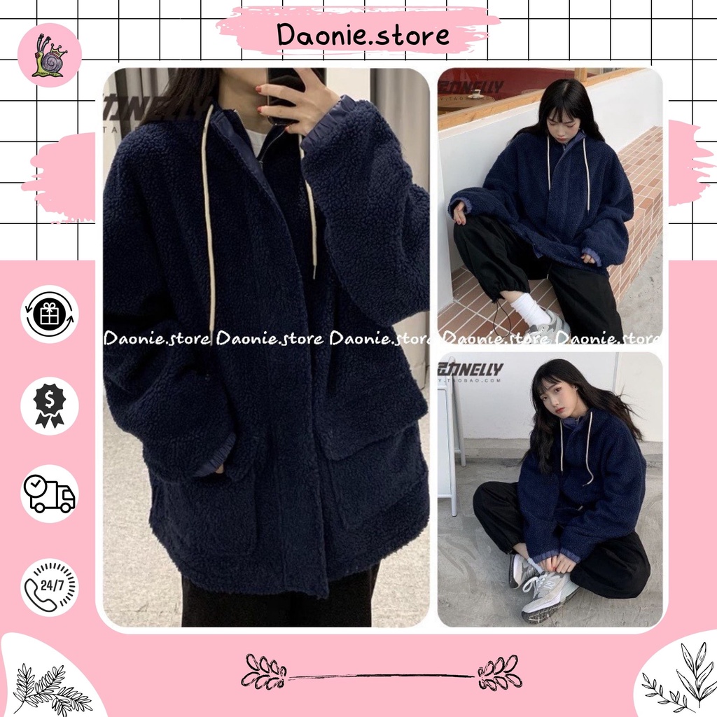 Áo khoác nỉ bông túi hộp xanh đậm kéo khóa kèm mũ phối dây rút ♥ Jacket form rộng unisex tay bo chun cá tính