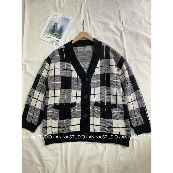 Áo khoác len Cardigan hoạ tiết kẻ ô form rộng dáng xuông