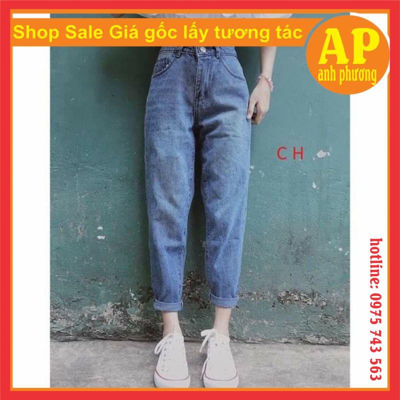 (FREE SHIP) Quần jeans nữ baggy dáng trơn cạp cao may gấu phong cách Hàn Quốc