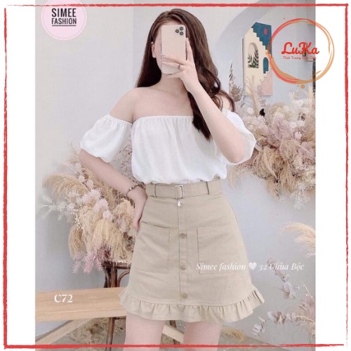 Bộ Đồ Áo Trễ Vai Thiết Kế Sexy Đen Trắng Kèm Chân Váy Kaki Chữ A Cạp Cao Bigsize Cao Cấp Dễ Thương Thương Hàn Quốc