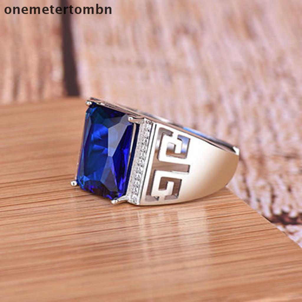 Nhẫn Nam Mạ Bạc 925 Đính Đá Sapphire Phong Cách Retro