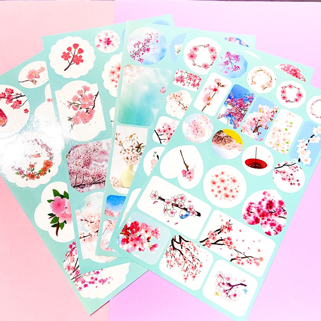 ( 12 tấm ) Ảnh dán sticker in hình HOA ĐÀO SAKURA trang trí phong cách cổ trang xinh xắn mẫu mới