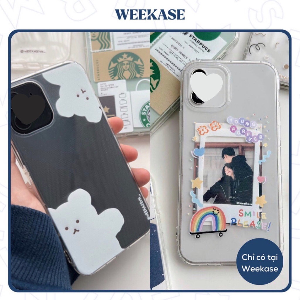 Ốp lưng iPhone trong suốt chống va đập viền trắng Weekase in hình khung ảnh hoa và 2 con gấu, tất cả dòng máy