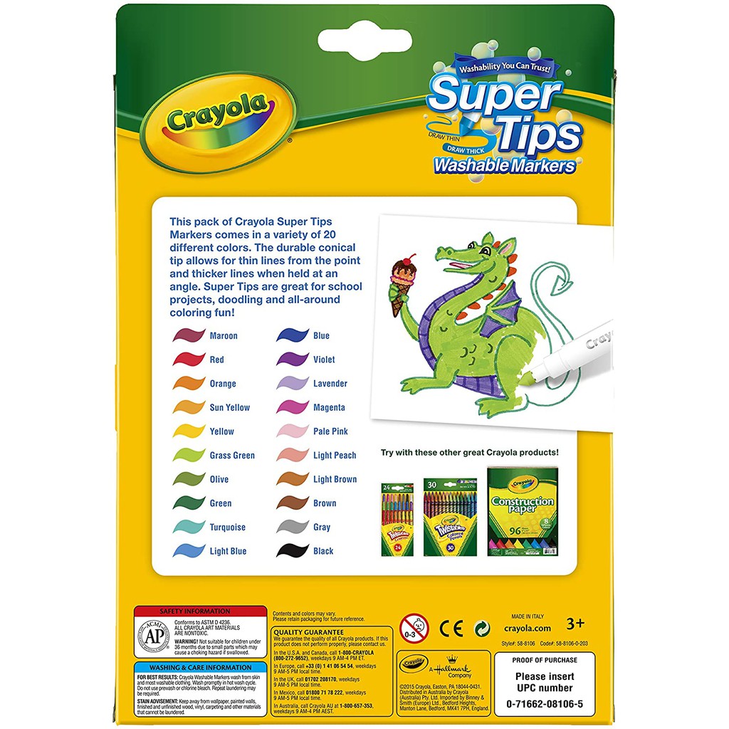 Bộ 20 màu bút lông Crayola Super Tips dễ dàng tẩy xóa bằng nước dành cho trẻ