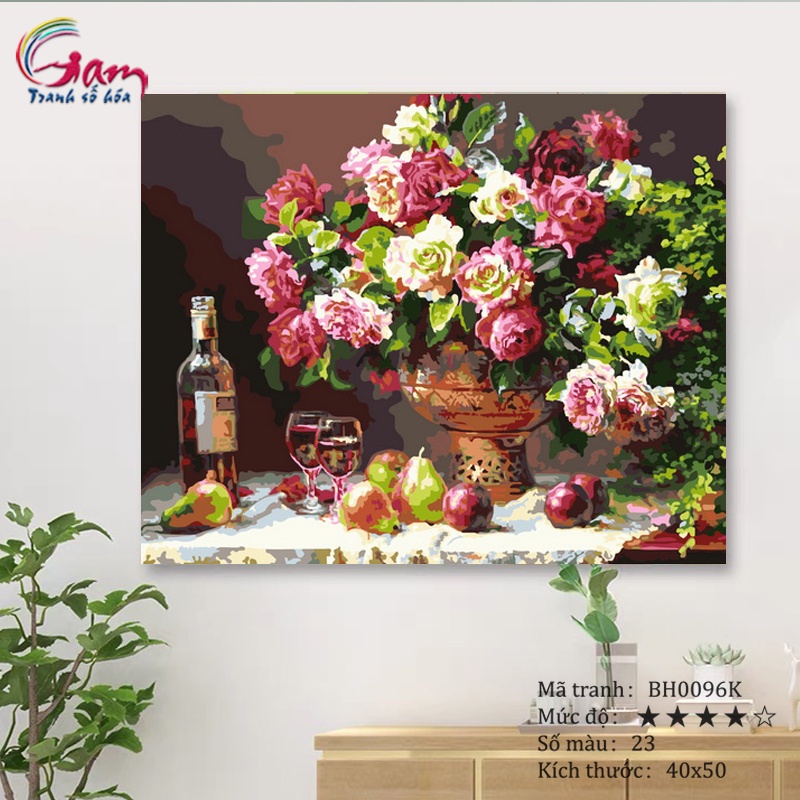 Tranh sơn dầu số hoá hoa hồng và rượu vang căng khung 40x50cm BH0096K