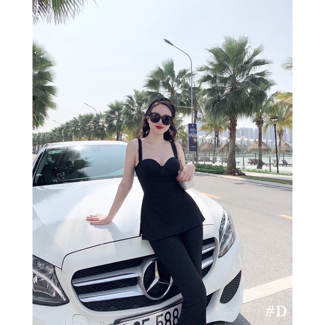 Set áo cup ngực + quần loe chất len gạo kèm turban