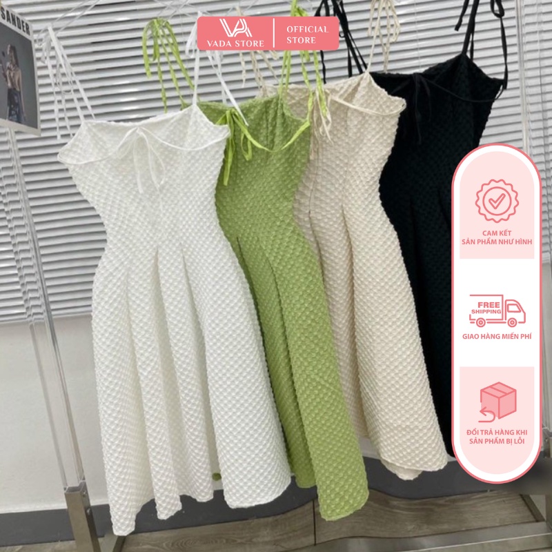 Đầm gấm xốp hai dây, Váy hai dây cao cấp tôn dáng thắt eo cực xinh