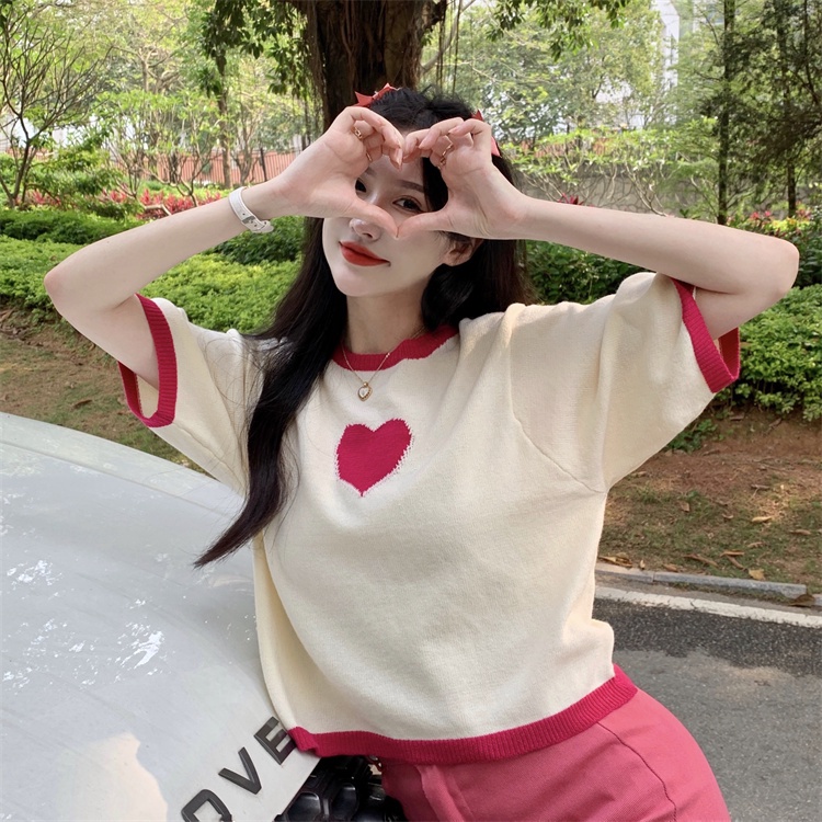 NZN Áo thun crop top tay ngắn in họa tiết trái tim phong cách Hàn Quốc dễ thương dành cho nữ