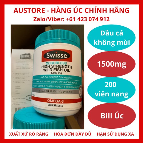 [Date 04/24,1500mg,200 viên] Dầu cá không mùi Swisse Ultiboost Odourless High Strength Wild Fish Oil 1500mg 200 Capsules