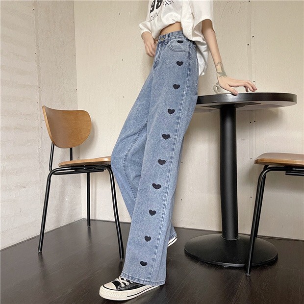 Quần Jeans Ống Rộng In Trái Tim Dọc - Quần Ống Rộng Nữ Dáng Suông Lưng Cao Ulzzang QJ45