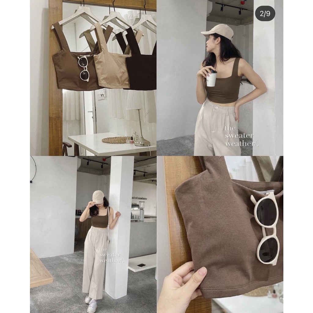 Áo hai dây bản to croptop có sẵn đệm mút, áo bra nâu be đen Rosie Dream Shop