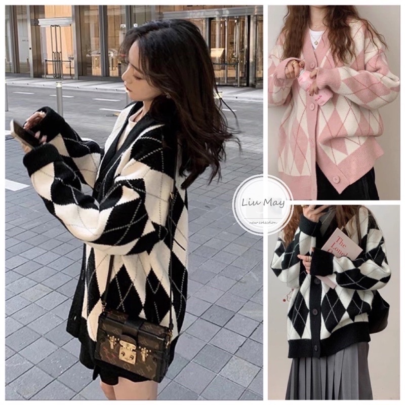 Áo Khoác Cardigan NỈ Nữ Form Rộng Kẻ Caro Kim Cương Hàn Quốc