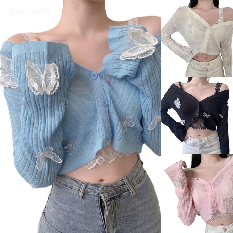 Áo Khoác Cardigan Tay Dài Phối Lưới Hoạ Tiết Bướm 3D Cho Phái Nữ