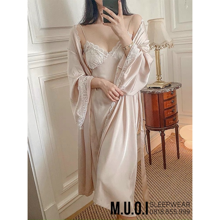 Set váy ngủ lụa kèm choàng viền ren MIEMMOC - SX 160 - QUẢNG CHÂU cao cấp- Sẵn( video+ảnh thật)