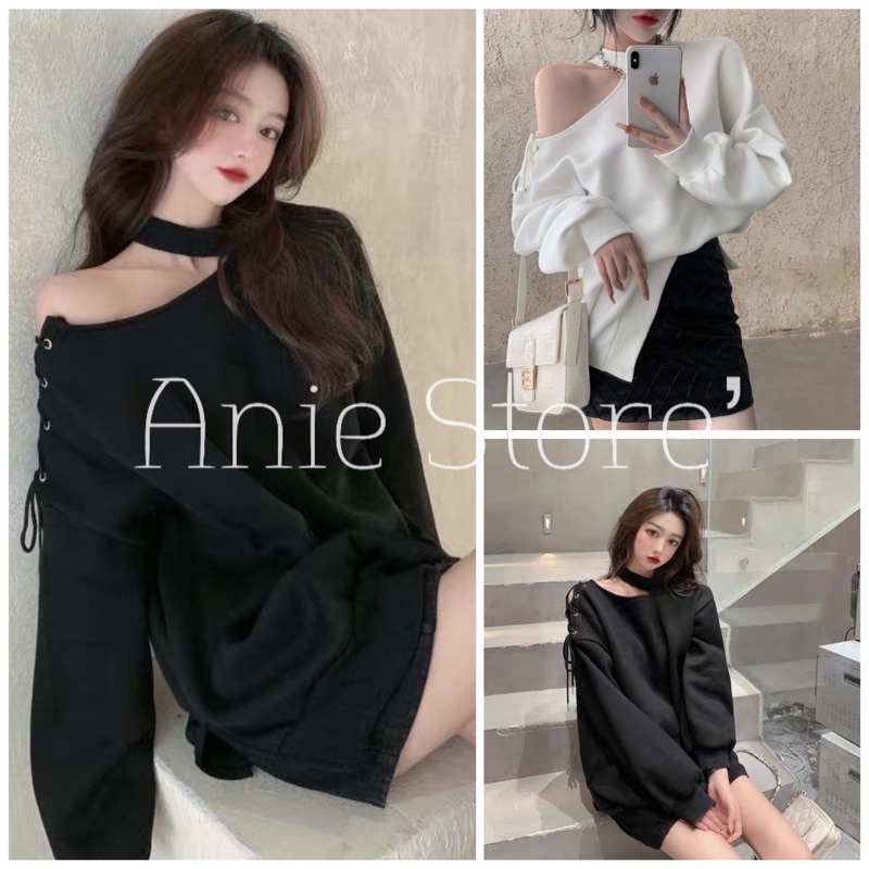 Áo Nỉ Nữ Đan Dây Vai Khoét 🦋 Áo Thun Nữ Xẻ Vạt Dáng Trùm Mông 2 Màu 🦋
