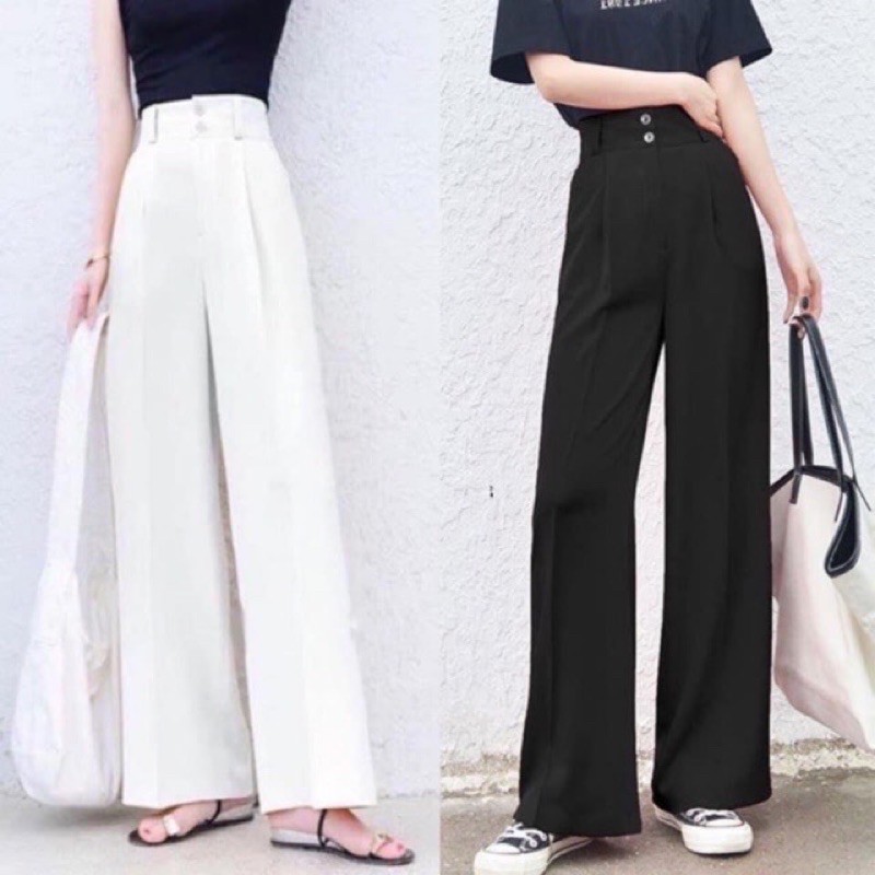 Quần culottes dáng dài 2 khuy cạp cao chất liệu tuyết mưa