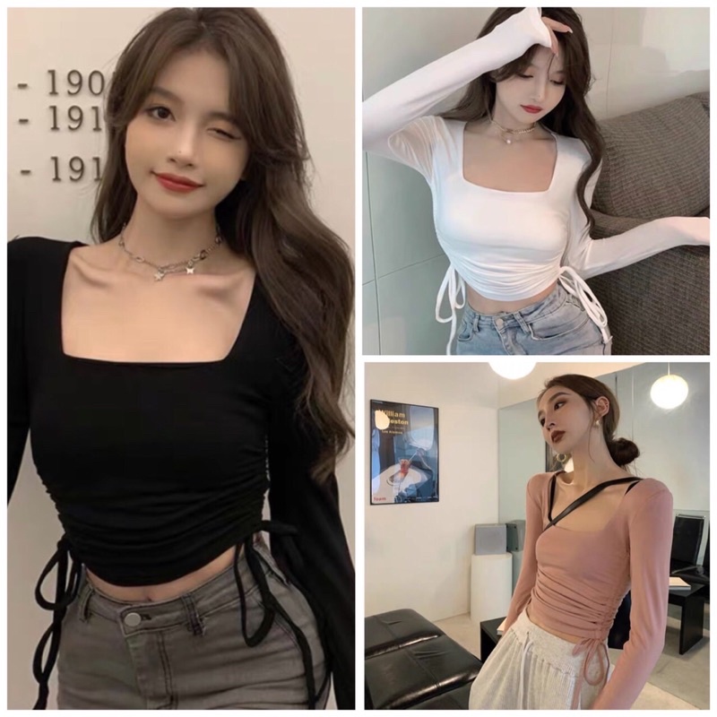 Áo thun kiểu croptop tay dài cổ vuông chít dây