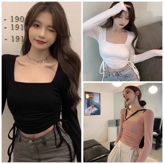 Áo thun kiểu croptop tay dài cổ vuông chít dây