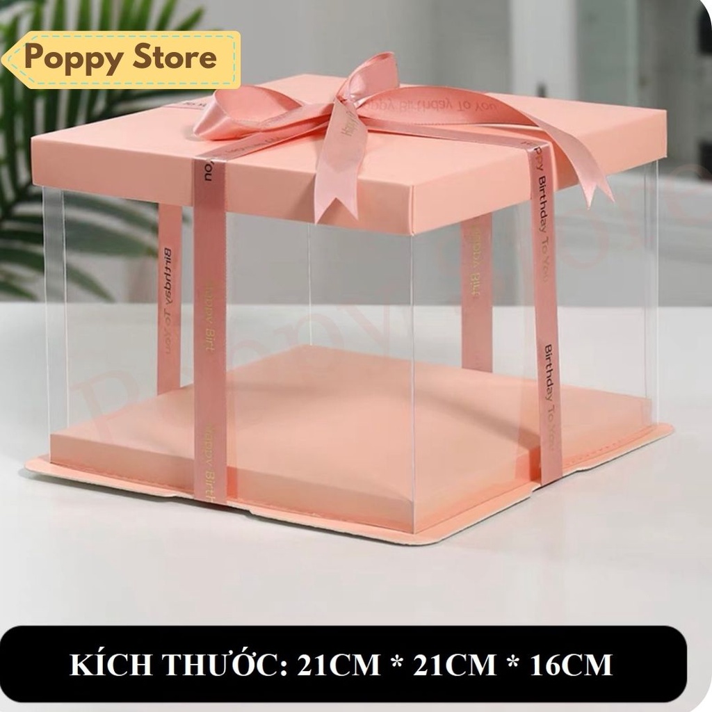 Hộp đựng bánh kem sinh nhật, hộp nhựa mica có nắp, màu cam pastel dễ thương, tặng kèm ruy băng - POPPY STORE