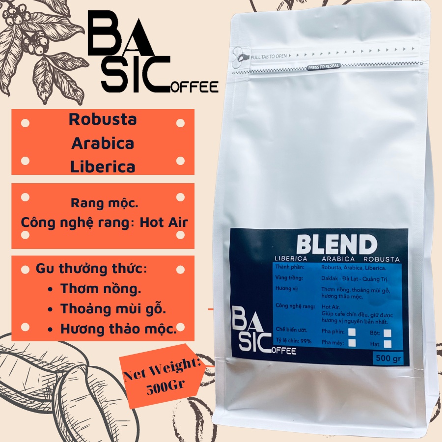 Cà Phê Nguyên Chất Blend Liberica Robusta Arabica Rang Xay Mộc Bassic Coffee Đăk Lăk