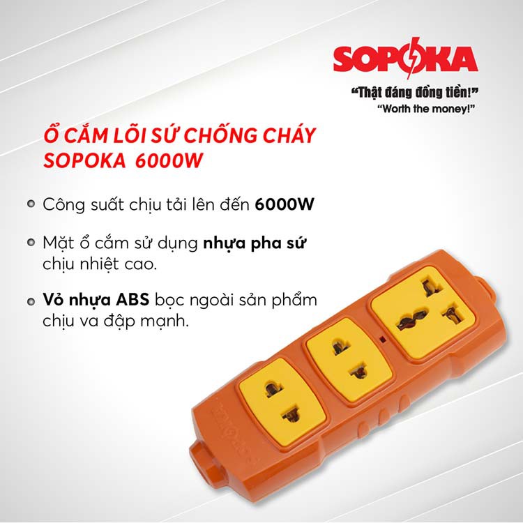 Ổ cắm siêu chịu tải Sopoka lõi sứ chống cháy P6000W, 4S-6000W