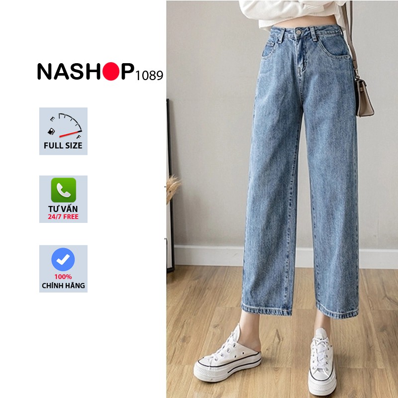 Quần jean bò nữ ống xuông rộng lưng cao cạp cao màu xanh sáng chất dày dặn đẹp hot 2021 QT06