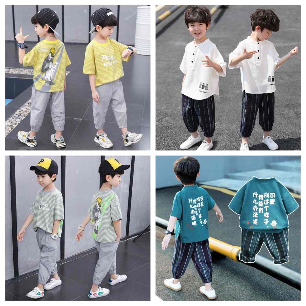 Hàng Có Sẵn ️ Set Quần Áo Thun Cotton Tay Ngắn Dáng Rộng Phong Cách Hàn Quốc Đẹp Trai Mặc Vào Mùa Hè Cho Bé Trai