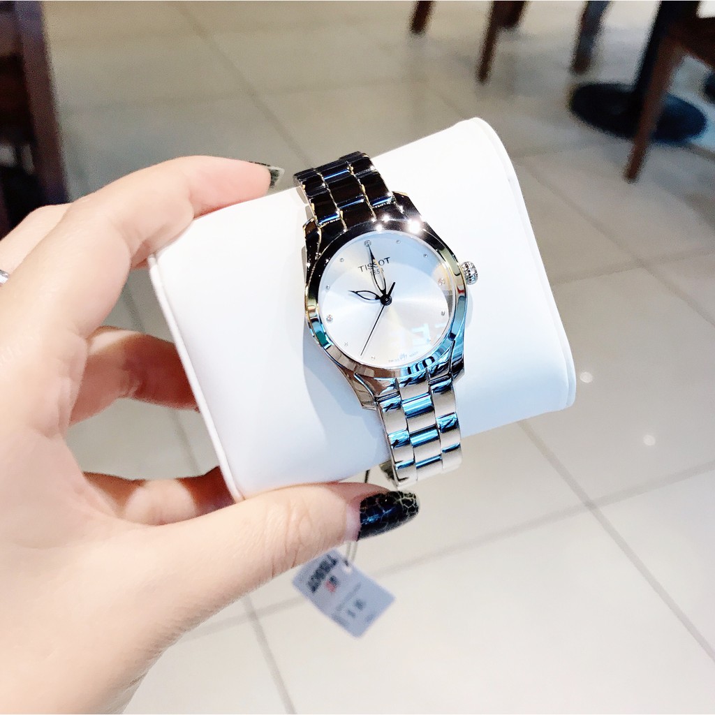 Đồng hồ Nữ Tissot 1853 T-Wave T112.210.11.036.00 Mặt trắng,Cọc số kim cương,Kính Sapphire-Máy Pin-Dây kim loại-Size 30mm