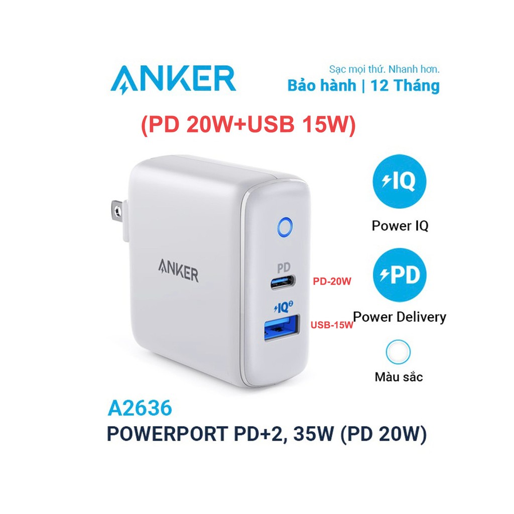 Củ sạc PowerPort PD+2 35w (USB C PD, PowerIQ2.0) A2636 - Phụ kiện công nghệ 88
