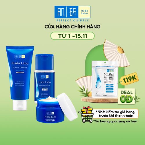 Set dưỡng trắng da Hada Labo Perfect White (Sữa rửa măt 80g + Dung dịch 100ml + Kem 50g)