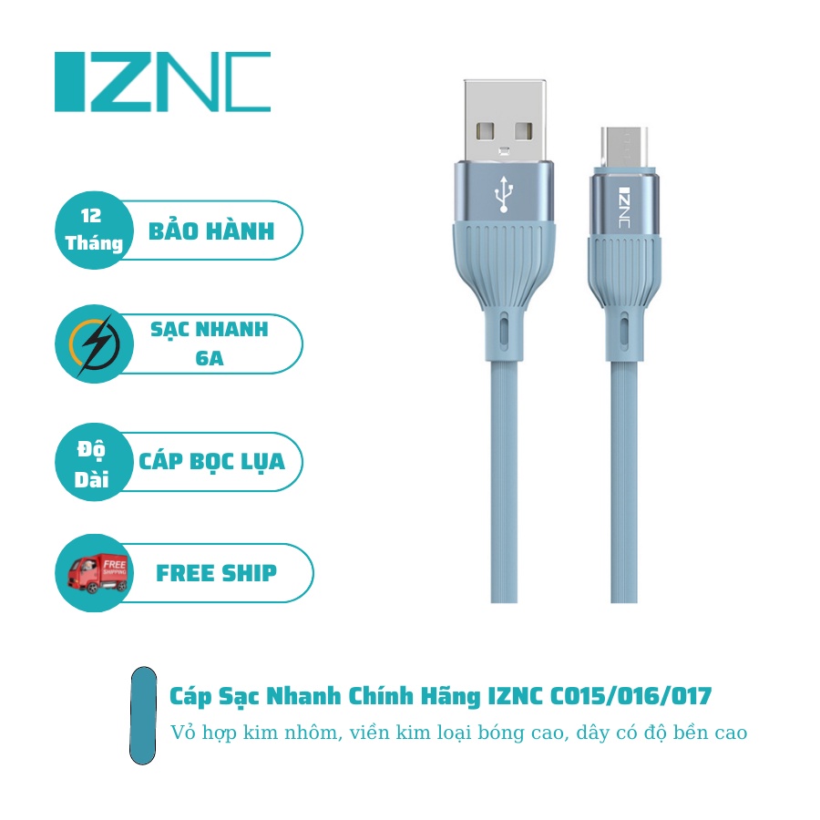 Cáp Sạc Nhanh Chính Hãng IZNC C015/016/017 dây dù , sạc nhanh 6A, đầy đủ chân Lightning, Micro, TypeC