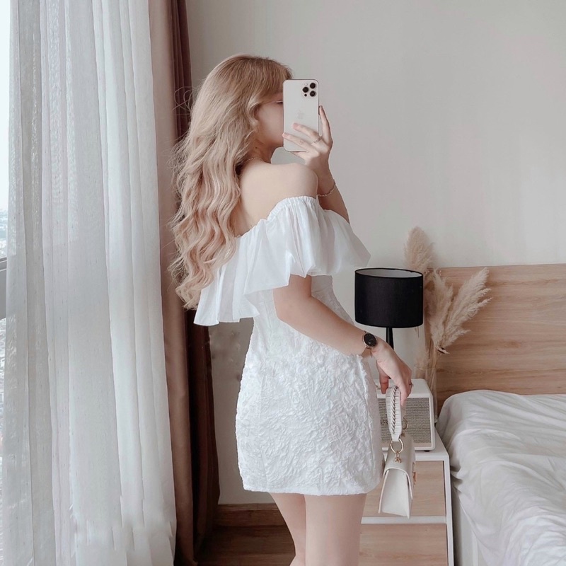 Váy Trễ Vai Xốp Bèo Voan Tơ Cực Phẩm, Đầm Dự Tiệc Xinh