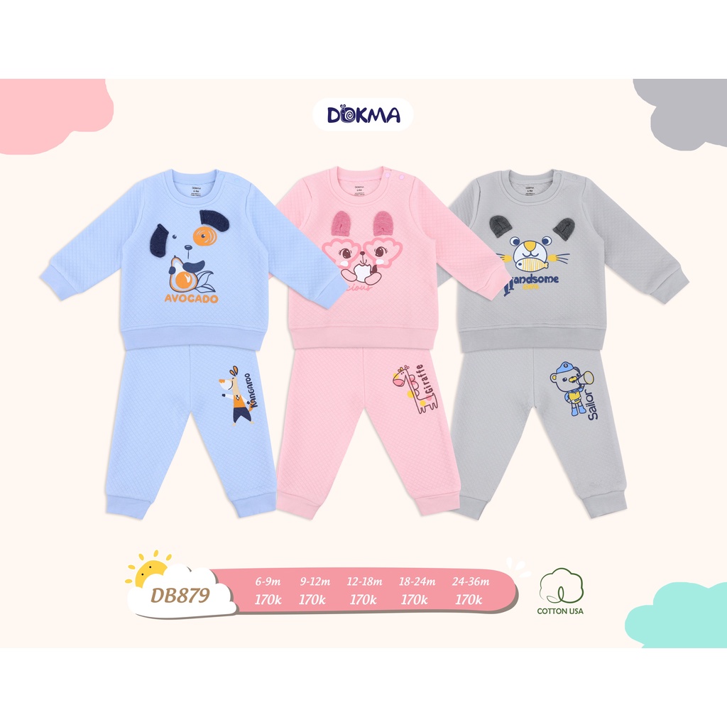 [FREESHIP] Bộ nỉ dài tay dày 9-36 tháng tuổi nỉ cotton trần trám Dokma Voi.kids DB879