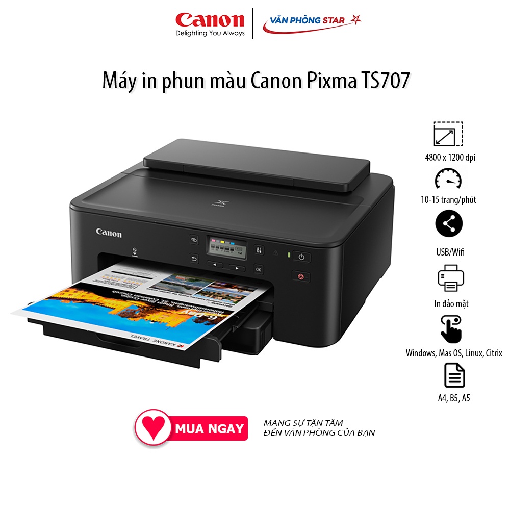 Máy in phun màu Canon Wifi Pixma TS707 đảo mặt tốc độ In đen trắng: 15 ppm in màu: 10ppm chính hãng tại Vanphongstar