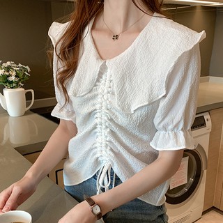 Áo Chiffon Nữ Tay Ngắn Cổ Peter Pan Màu Trắng / Xanh Lá Cây Thời Trang