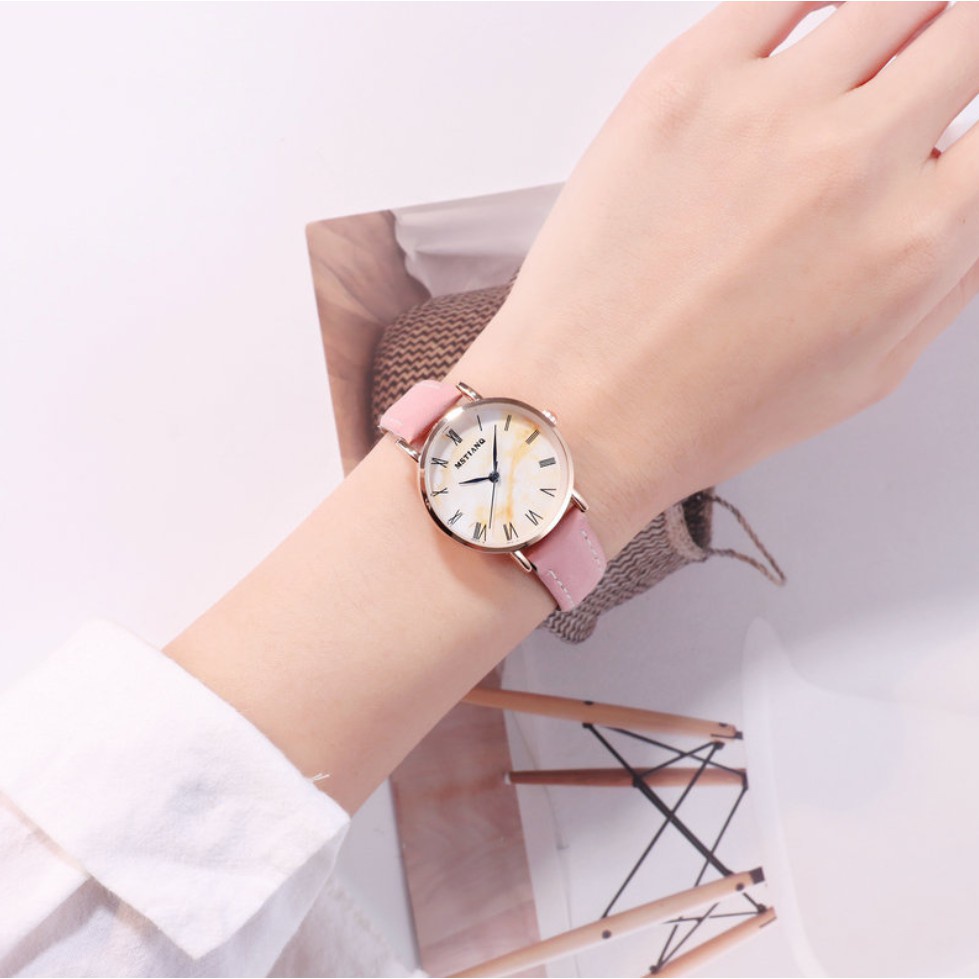 Đồng Hồ Nữ Dây Da Mstianq Korea Mặt Đá Pha Màu Phong Cách Hàn Quốc - Hazo
