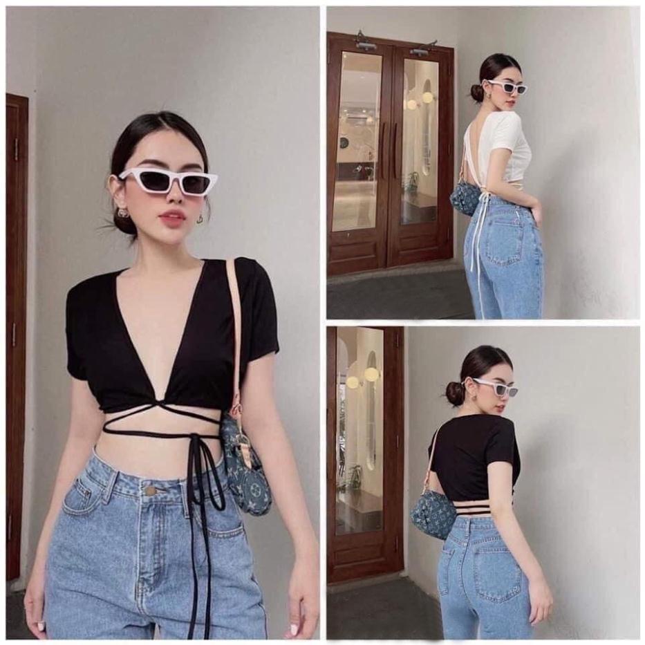 Áo croptop nữ, Áo thun cộc tay nữ dáng lửng buộc dây bụng hở eo hở lưng ôm body mặc 2 kiểu sexy đen trắng *