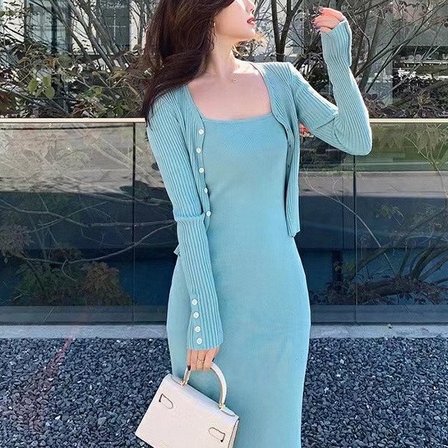 SUXI Đầm Dệt Kim Hai Dây Màu Trơn Phong Cách Thời Trang Mới Mùa Thu Cho Nữ