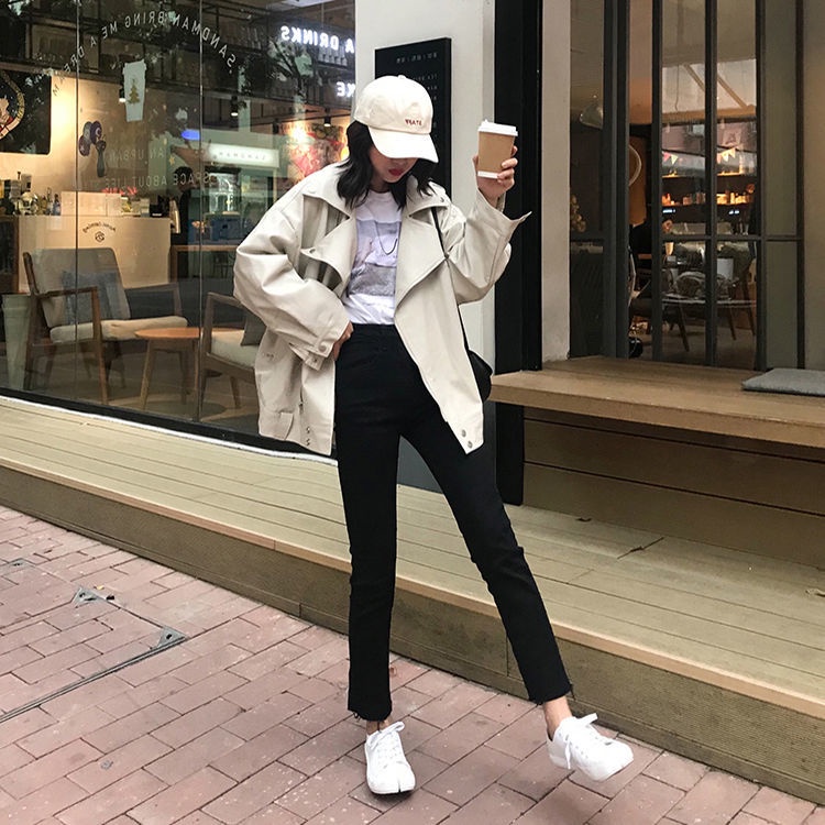 Áo khoác da PU dáng rộng phong cách đường phố Hồng Kông thời trang thu đông cho nữ