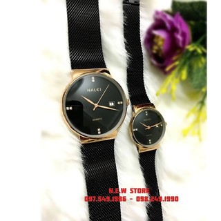 Đồng hồ cặp đôi dây thép lụa Halei Black gold