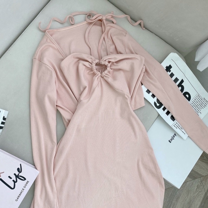 🦋Sét Đầm Hồng Khoét Ngực Kèm Áo Khoác Crop🦋