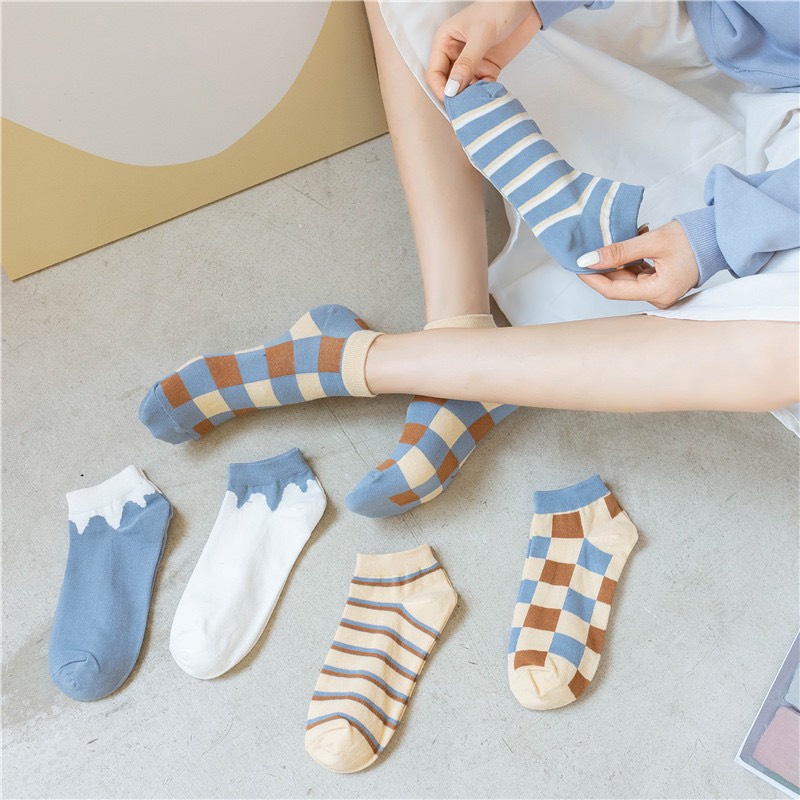 Set 10 Đôi Cotton  Hoạ Tiết Kẻ Karo Kèm Túi Zip
