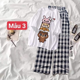 sét bộ áo thun hình cute+ quần kẻ đen ống rộng ( 2405)