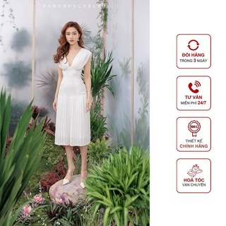 Váy nữ VANANHSCARLET nhún ngực xếp ly màu trắng
