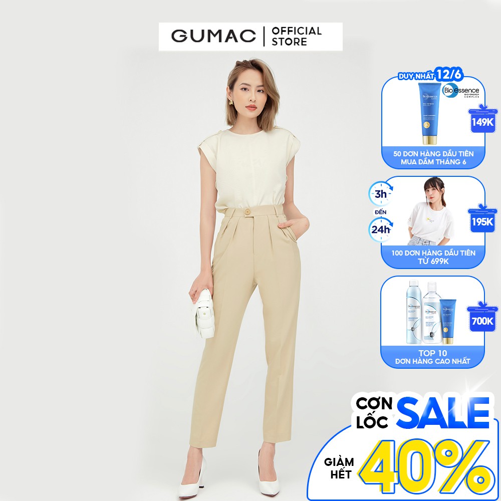 [Mã MABR07062 giảm 8% tối đa 50K đơn từ 249K] Quần tây nữ xếp ly GUMAC ống bó màu be QB5132