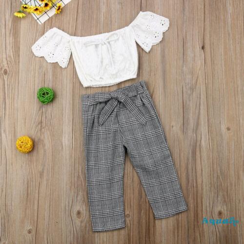 Bộ Quần Áo Mùa Hè Gồm Áo Crop Top Ren + Quần Dài Sọc Caro Dành Cho Bé Gái 2-7 Tuổi