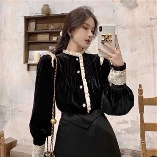 Áo sơ mi nhung khuy ngọc phối viền ren điệu đà✌️ảnh thật