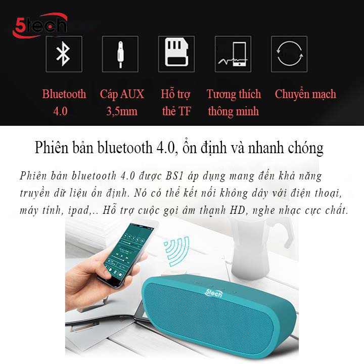 Loa bluetooth 5TECH BS1 mini không dây thiết kế mới lạ, âm thanh nổi cho chất lượng âm thanh đa chiều, sống động