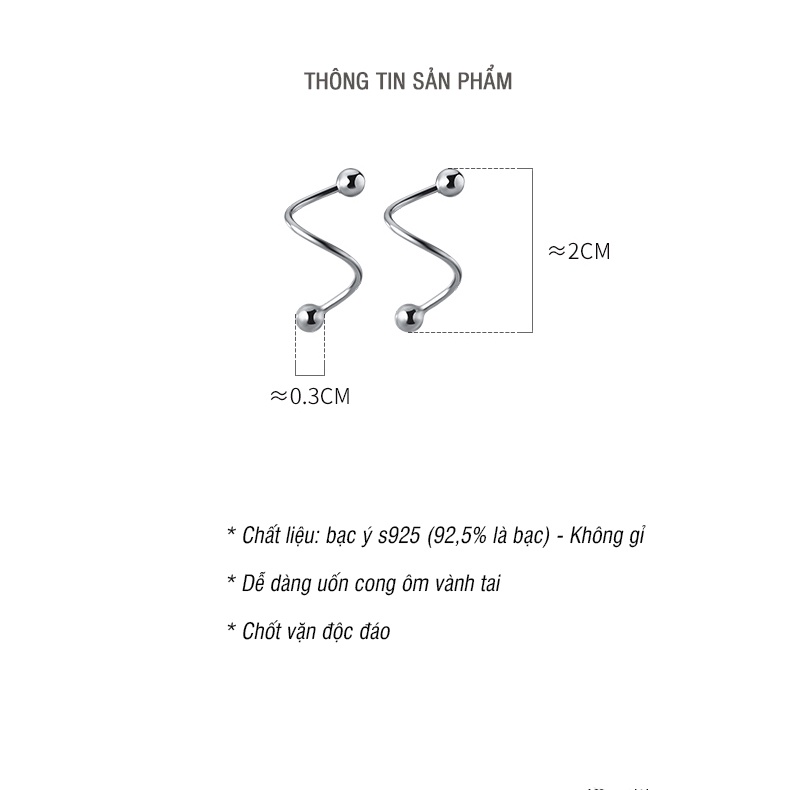 Khuyên tai đơn giản bạc 925 không gỉ, thiết kế vòng xoắn ôm vành chốt vặn độc đáo - B2641 - Bảo ngọc Jewlery